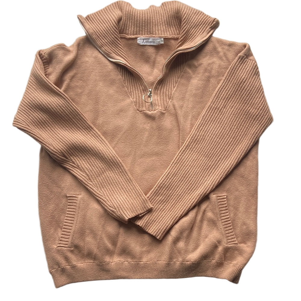 Anrabess Tan 1/4 Zip Rib Knit Sweater with 2 Front Pockets Size Medium